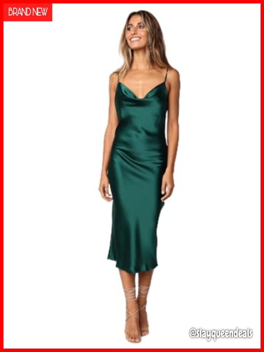 Satin Midi Dress Cowl Neck Adjustable Straps Backless Slit Cocktail Wedding